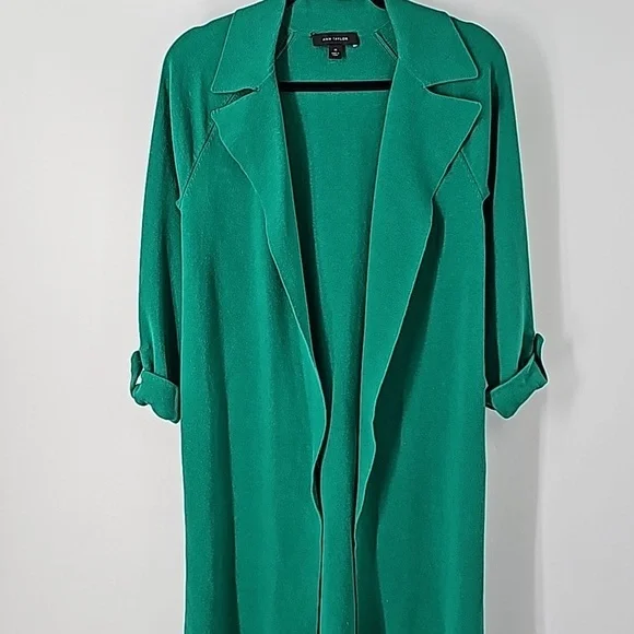 Ann Taylor Green Knee Length Duster Sweater w Rolled Sleeves+Side Slits - Picture 15 of 17